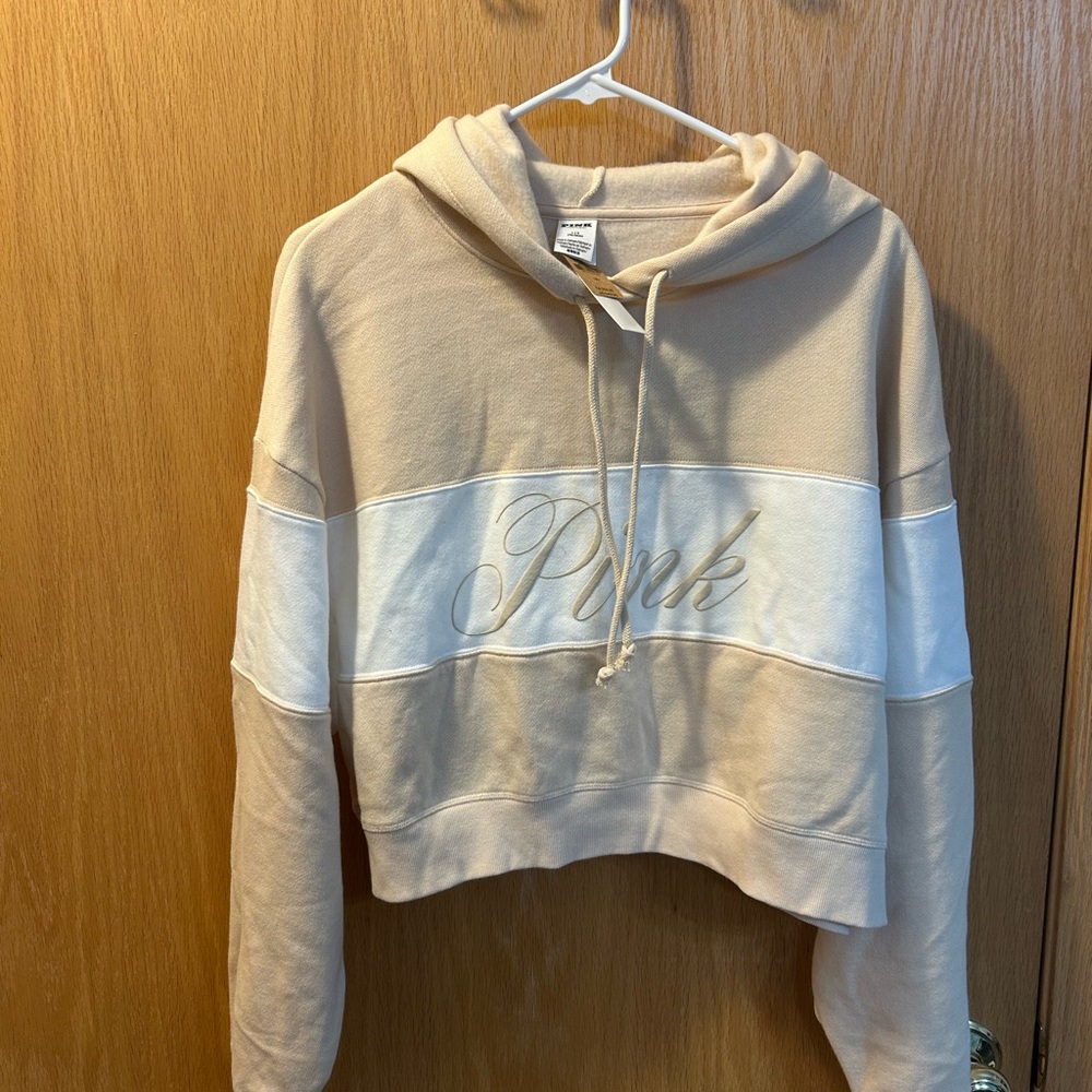 PINK Victoria's Secret Tan and White Cropped Hoodie